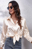 Solid Color Silk Long Sleeved Shirt - Doublju