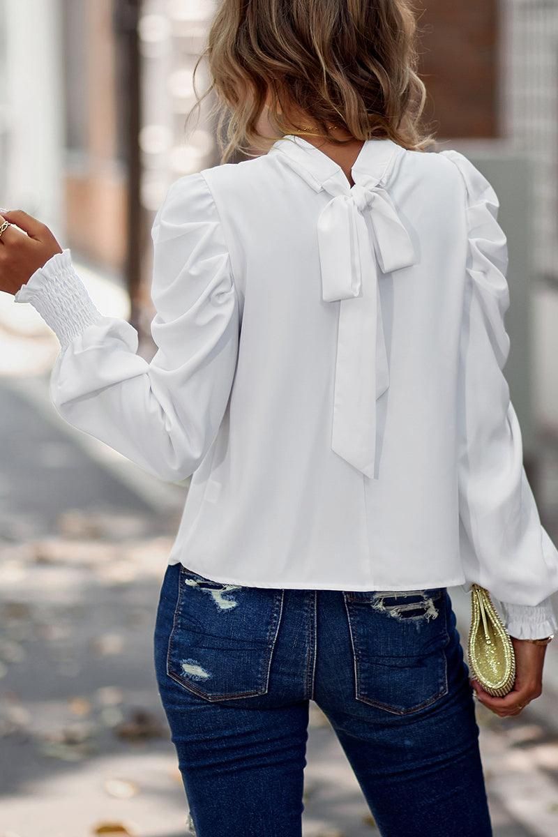 PEASANT SLEEVE HIGH NECK BLOUSE TOP - Doublju