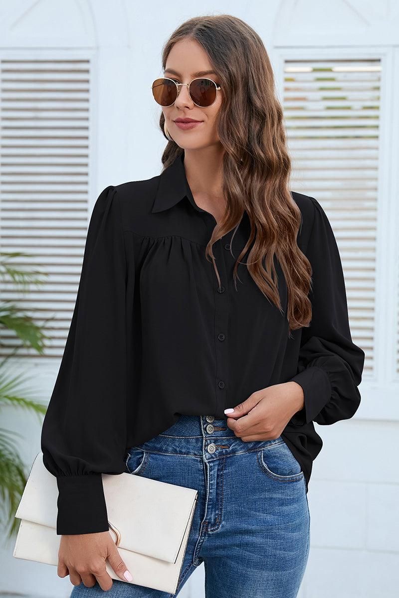 BUTTON DOWN DAILY BASIC BLOUSE - Doublju