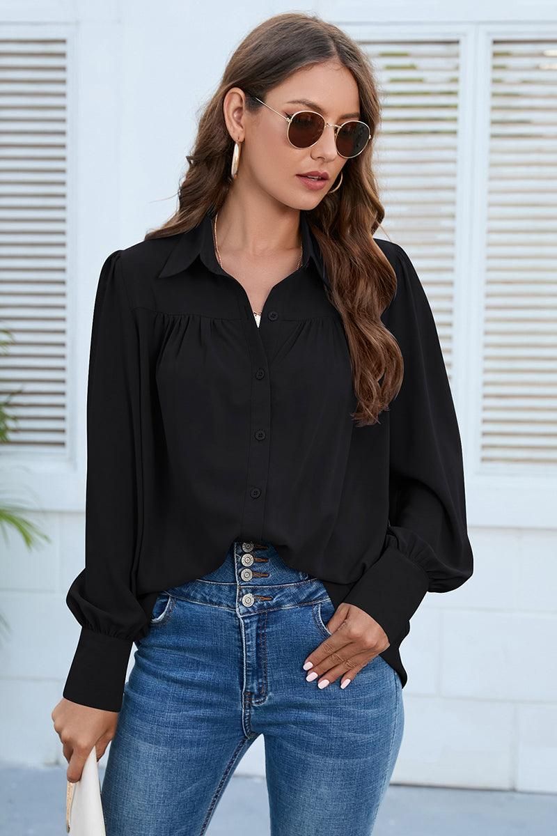 BUTTON DOWN DAILY BASIC BLOUSE - Doublju