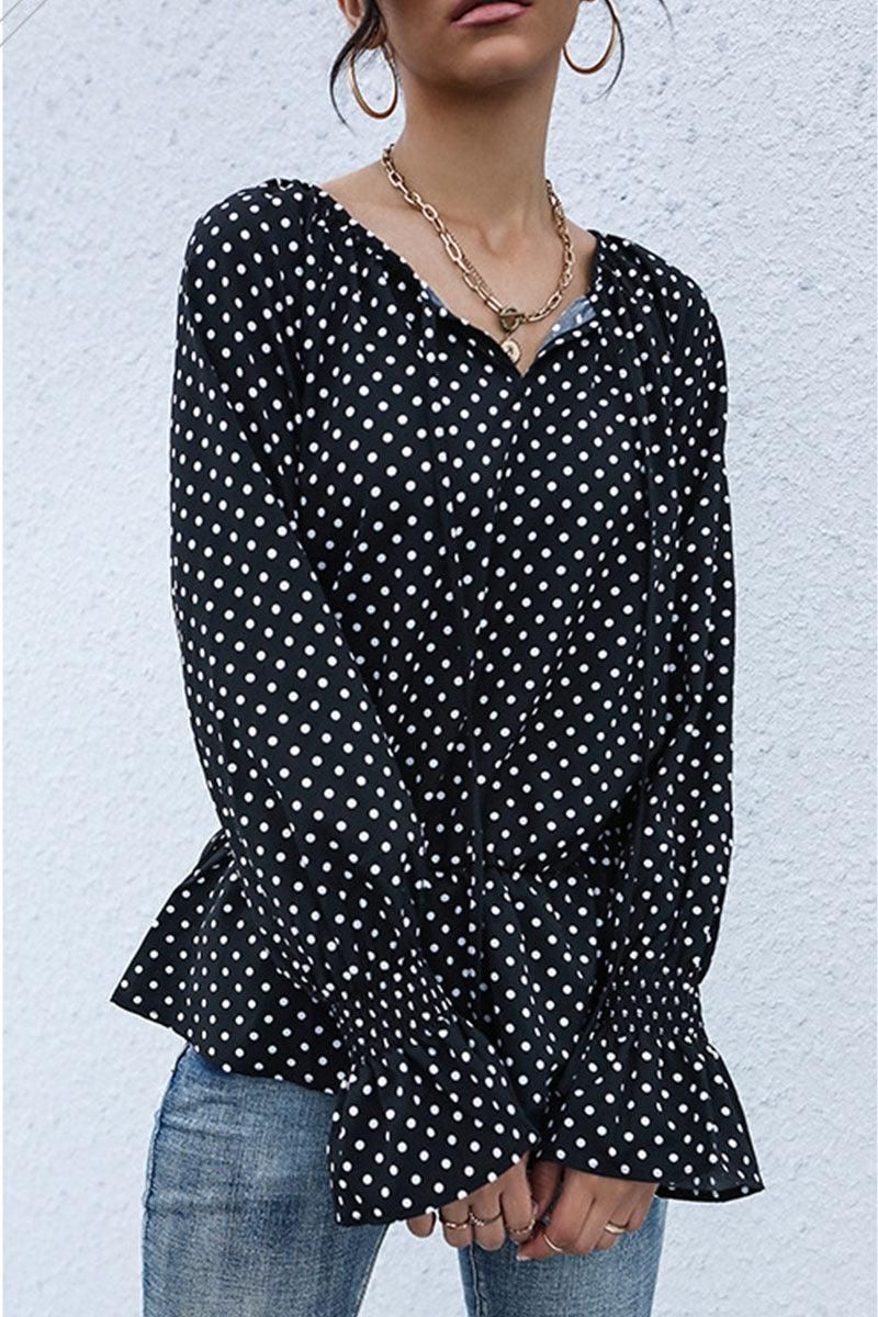 LONG SLEEVE TIED NECK DOT RUFFLE BLOUSE - Doublju