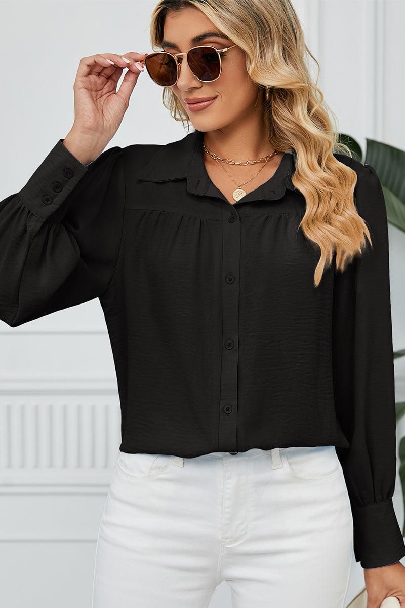 BUTTON DOWN LONG SLEEVE CHIFFON BLOUSE SHIRTS - Doublju