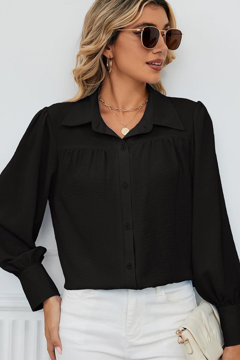 BUTTON DOWN LONG SLEEVE CHIFFON BLOUSE SHIRTS - Doublju