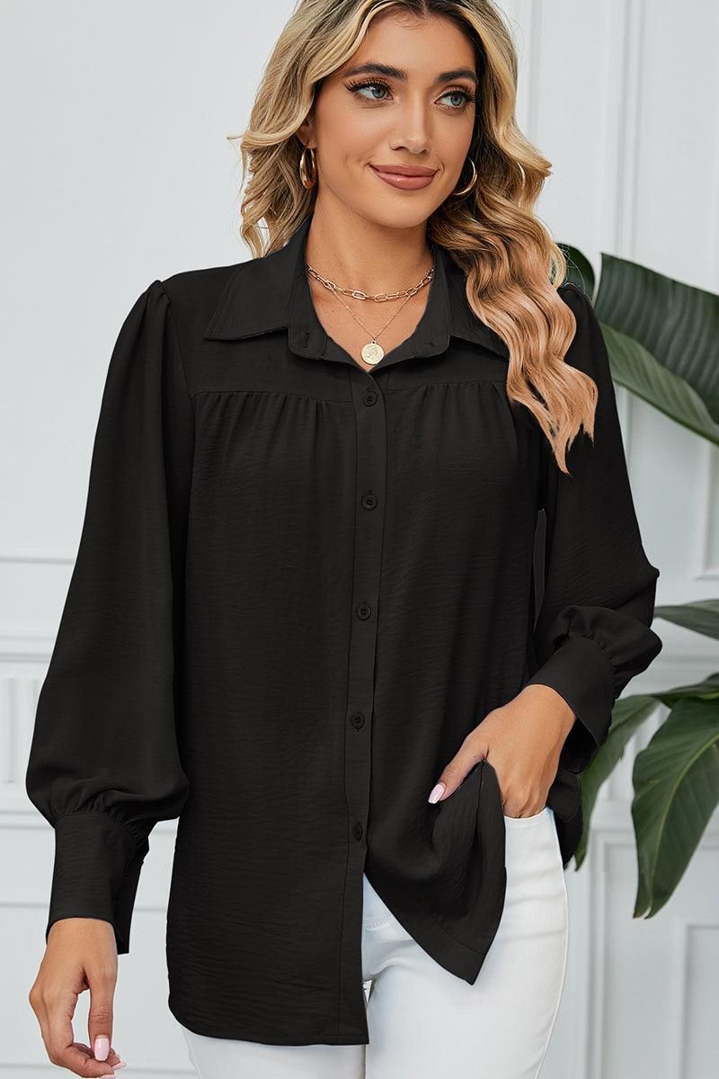 BUTTON DOWN LONG SLEEVE CHIFFON BLOUSE SHIRTS - Doublju