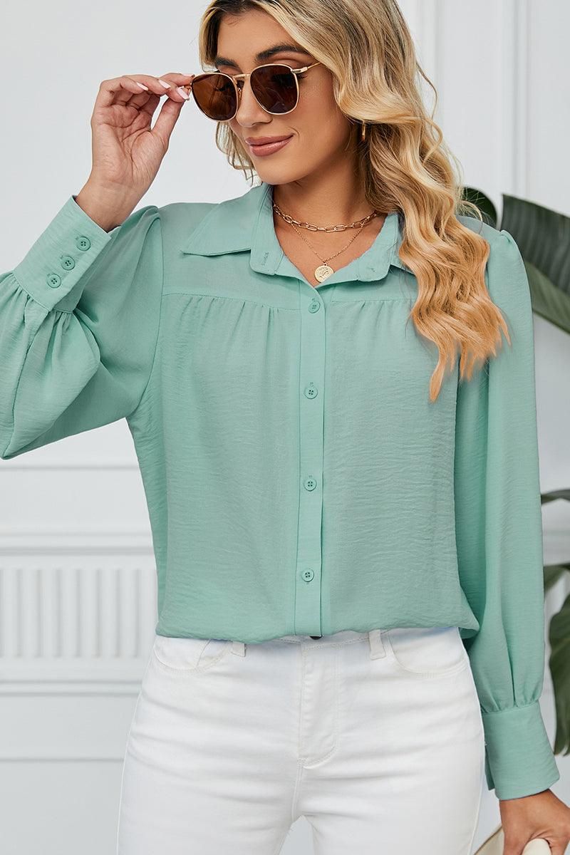 BUTTON DOWN LONG SLEEVE CHIFFON BLOUSE SHIRTS - Doublju