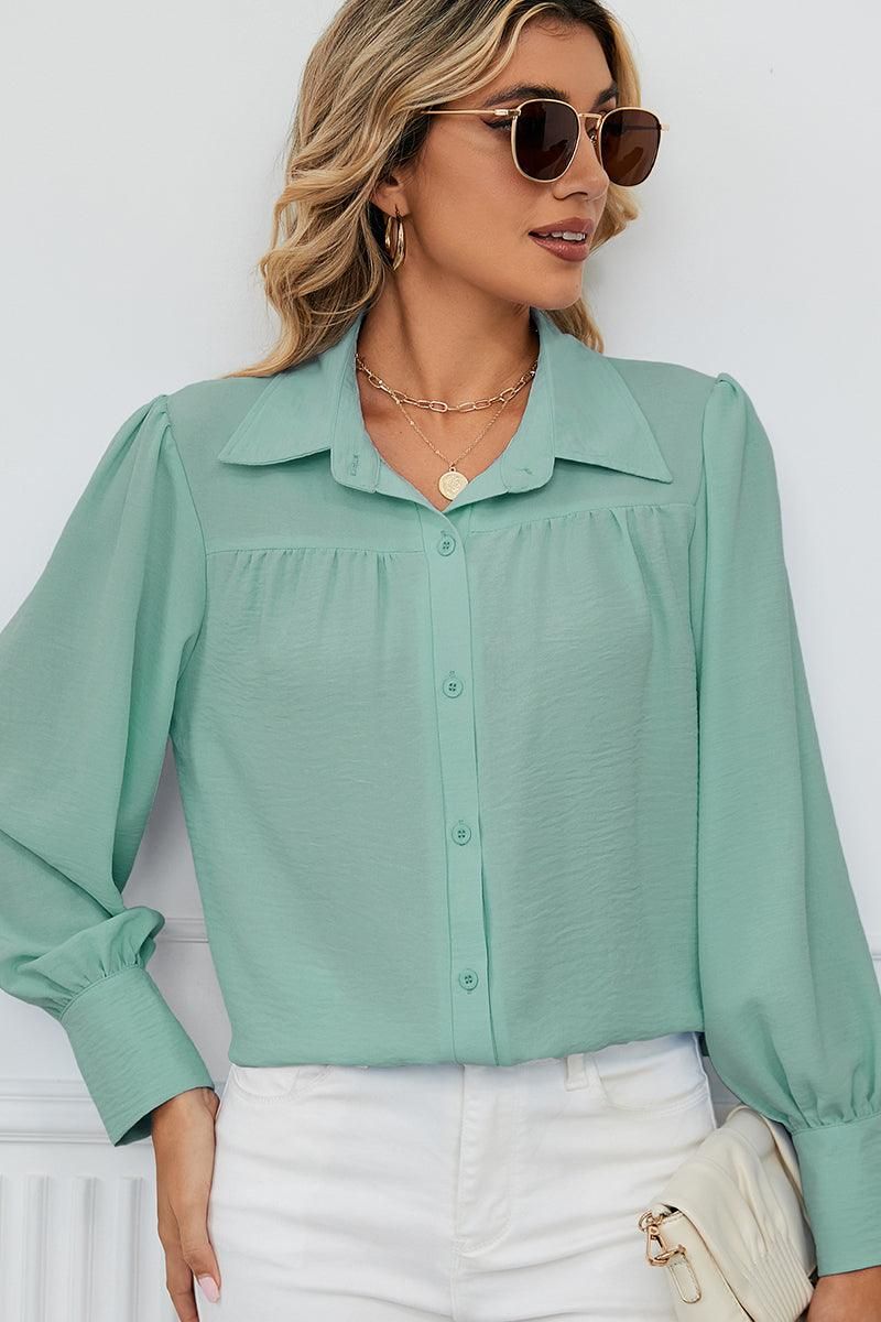 BUTTON DOWN LONG SLEEVE CHIFFON BLOUSE SHIRTS - Doublju