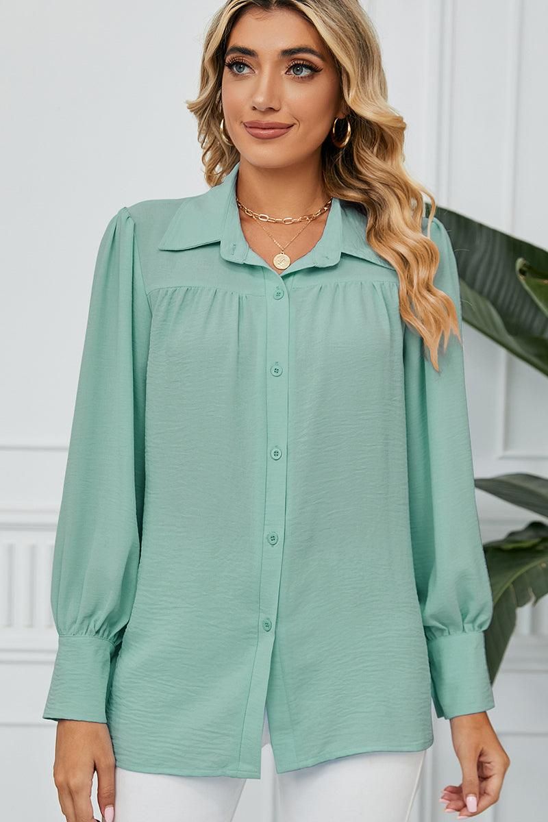 BUTTON DOWN LONG SLEEVE CHIFFON BLOUSE SHIRTS - Doublju