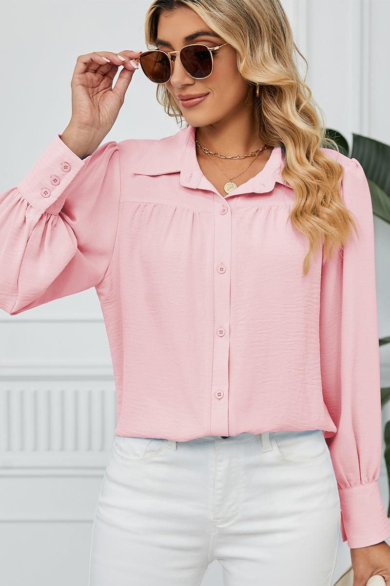 BUTTON DOWN LONG SLEEVE CHIFFON BLOUSE SHIRTS - Doublju