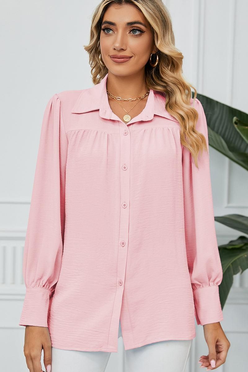 BUTTON DOWN LONG SLEEVE CHIFFON BLOUSE SHIRTS - Doublju