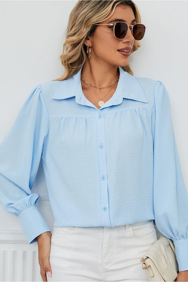 BUTTON DOWN LONG SLEEVE CHIFFON BLOUSE SHIRTS - Doublju