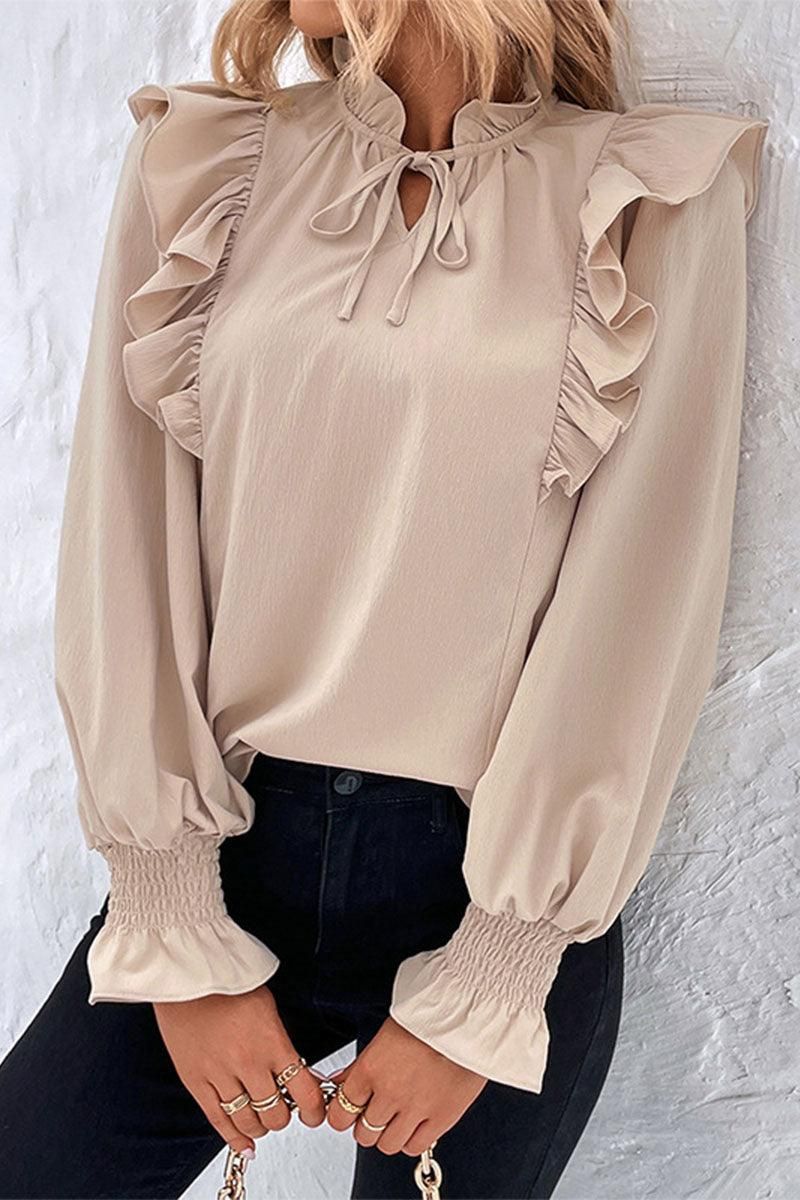 TIED NECK FUNGUS SLEEVE SOLID BLOUSE - Doublju