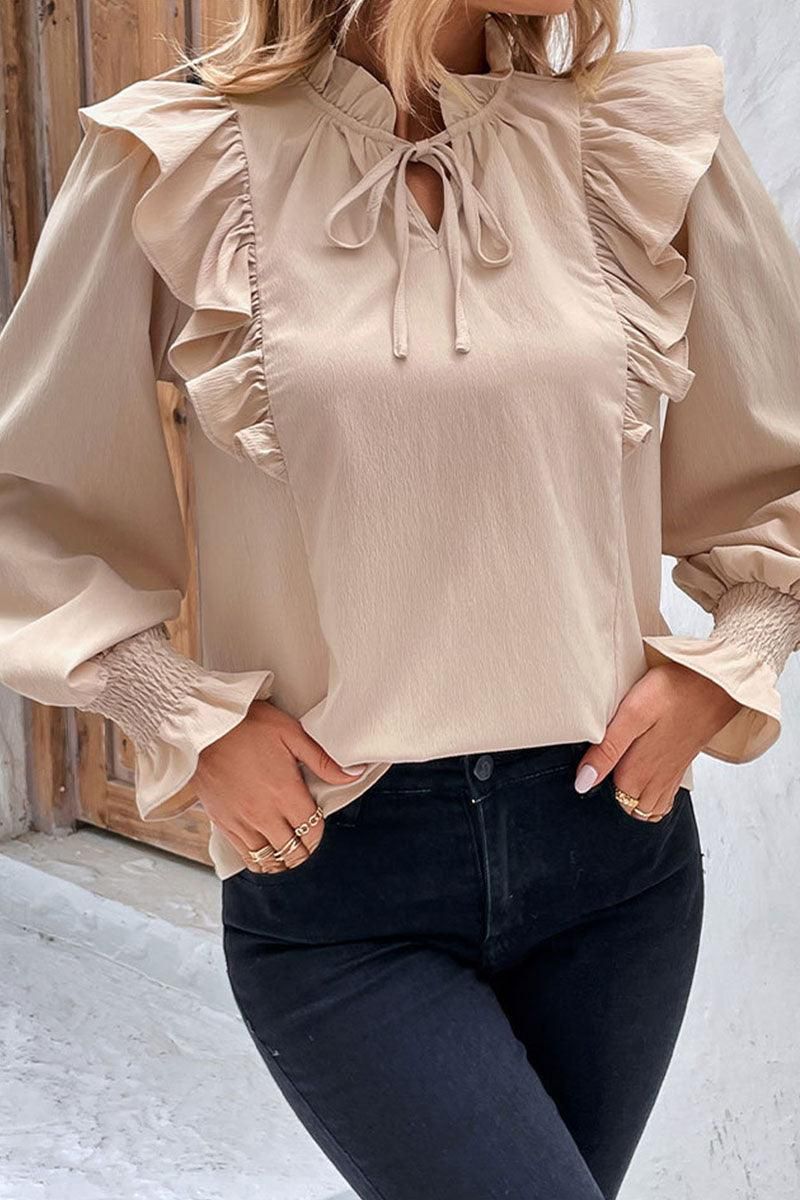 TIED NECK FUNGUS SLEEVE SOLID BLOUSE - Doublju