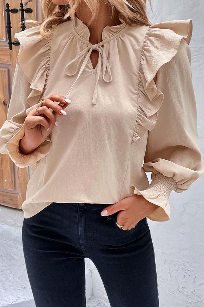 TIED NECK FUNGUS SLEEVE SOLID BLOUSE - Doublju