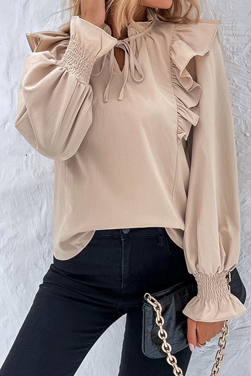 TIED NECK FUNGUS SLEEVE SOLID BLOUSE - Doublju