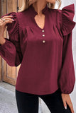 V NECK RUFFLED BUTTON SOLID COLOR BLOUSE - Doublju