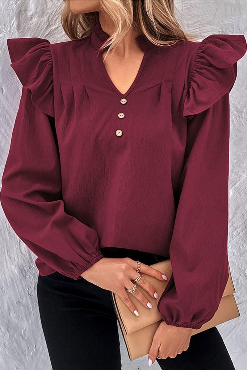 V NECK RUFFLED BUTTON SOLID COLOR BLOUSE - Doublju