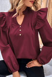 V NECK RUFFLED BUTTON SOLID COLOR BLOUSE - Doublju