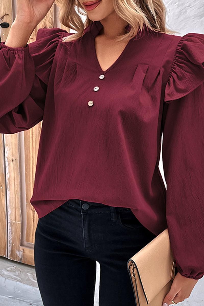 V NECK RUFFLED BUTTON SOLID COLOR BLOUSE - Doublju