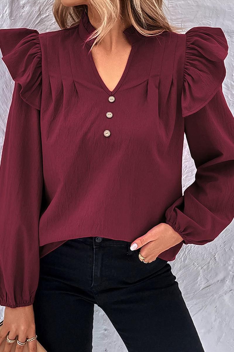 V NECK RUFFLED BUTTON SOLID COLOR BLOUSE - Doublju