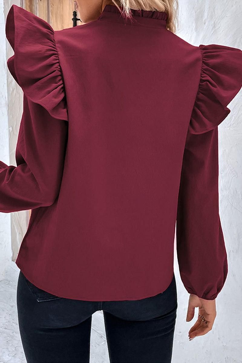 V NECK RUFFLED BUTTON SOLID COLOR BLOUSE - Doublju