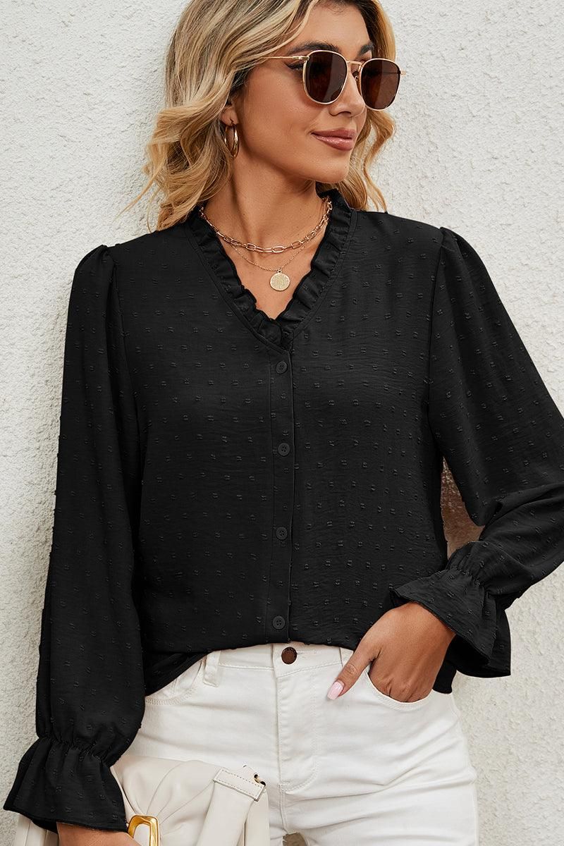 LACE V NECK LONG SLEEVES CHIFFON DOT BLOUSE - Doublju