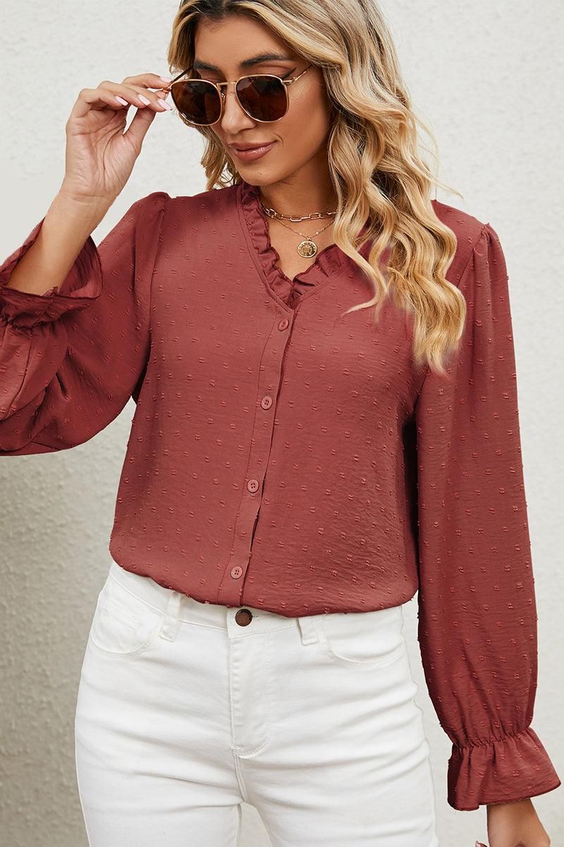 LACE V NECK LONG SLEEVES CHIFFON DOT BLOUSE - Doublju