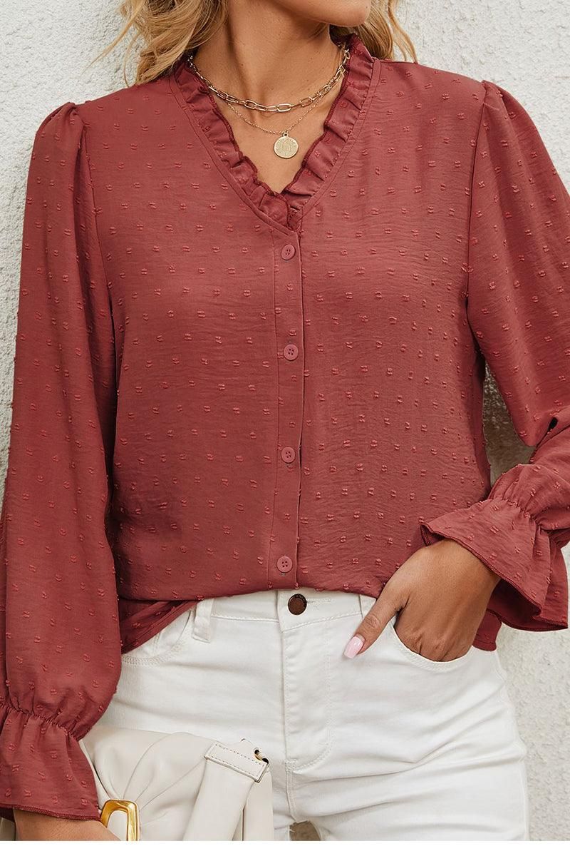 LACE V NECK LONG SLEEVES CHIFFON DOT BLOUSE - Doublju