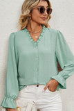 LACE V NECK LONG SLEEVES CHIFFON DOT BLOUSE - Doublju