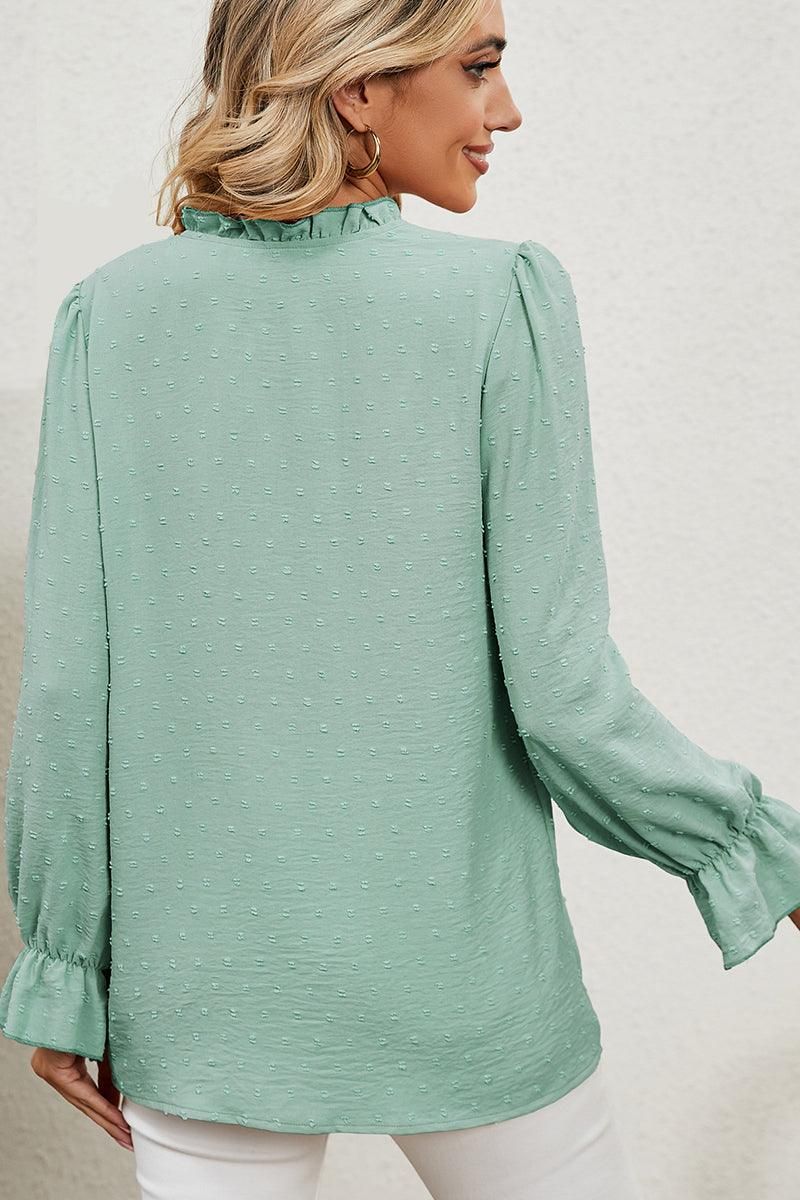 LACE V NECK LONG SLEEVES CHIFFON DOT BLOUSE - Doublju