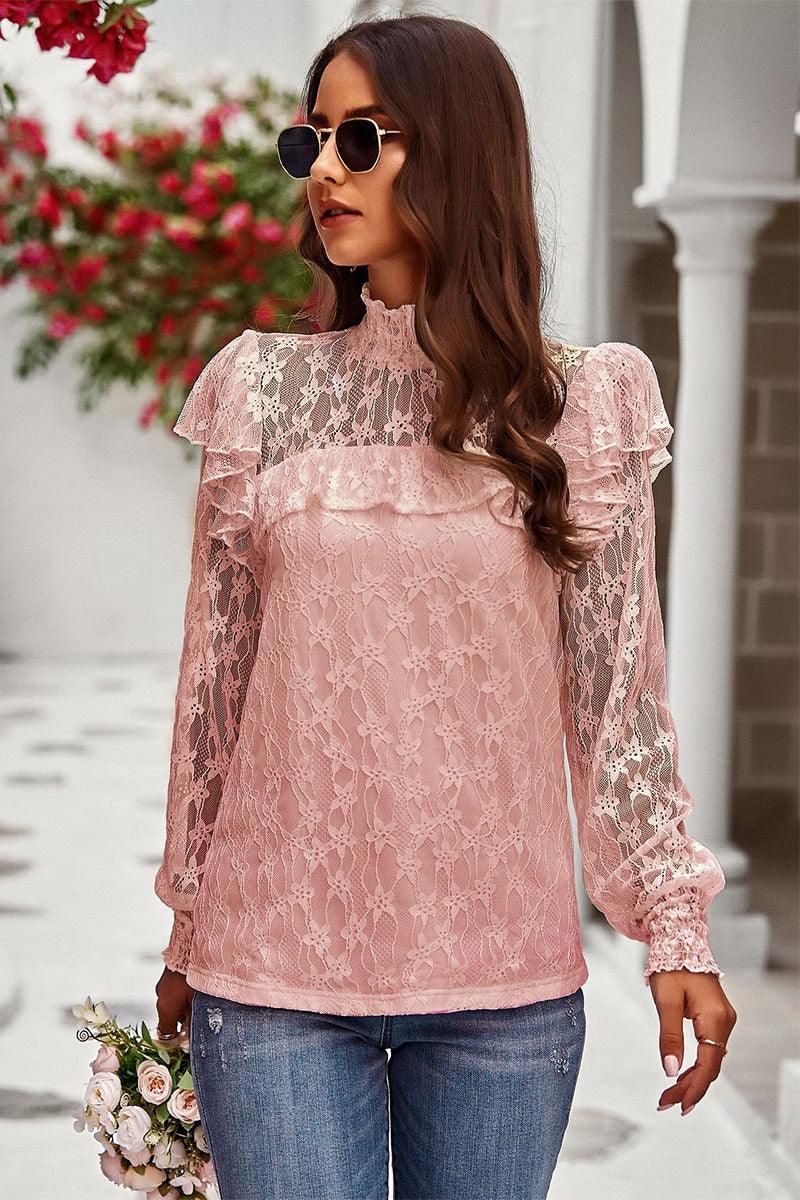 LONG SLEEVE PRINCESS SHOULDER MESH TOP - Doublju