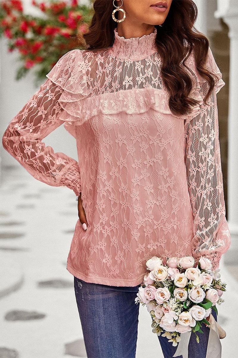 LONG SLEEVE PRINCESS SHOULDER MESH TOP - Doublju