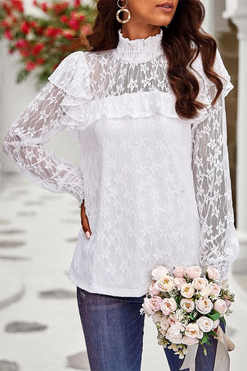 LONG SLEEVE PRINCESS SHOULDER MESH TOP - Doublju