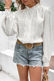 RUFFLED LACE HIGH NECK LONG SLEEVE DOT BLOUSE - Doublju