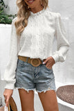 RUFFLED LACE HIGH NECK LONG SLEEVE DOT BLOUSE - Doublju