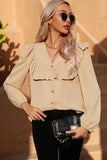 RUFFLED LACE POINT BUTTON UP LONG SLEEVE BLOUSE - Doublju