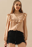 RUFFLED LACE POINT BUTTON UP LONG SLEEVE BLOUSE - Doublju