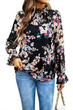 RUFFLED NECK FLORAL LONG SLEEVE TOP - Doublju