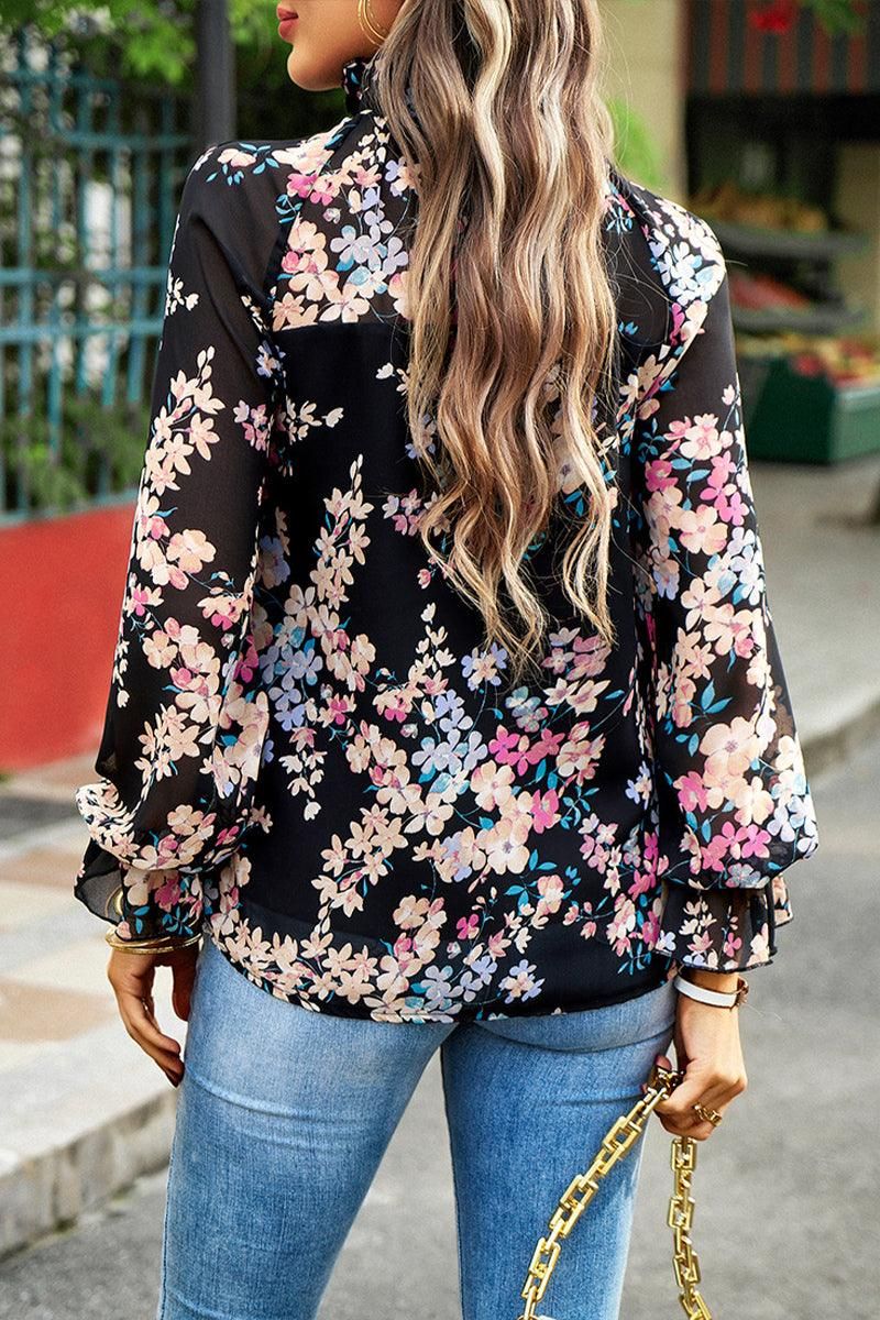 RUFFLED NECK FLORAL LONG SLEEVE TOP - Doublju