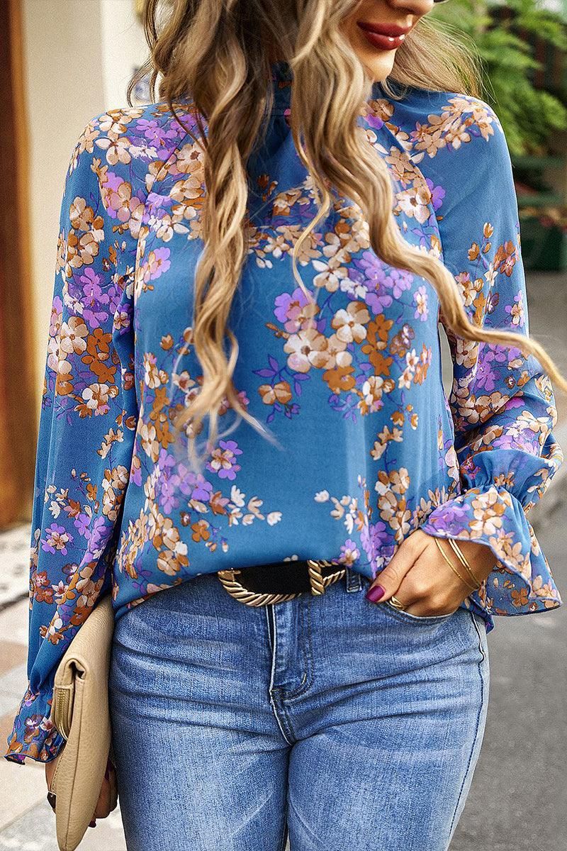 RUFFLED NECK FLORAL LONG SLEEVE TOP - Doublju