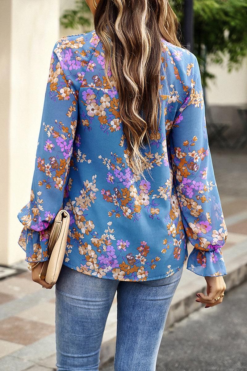 RUFFLED NECK FLORAL LONG SLEEVE TOP - Doublju