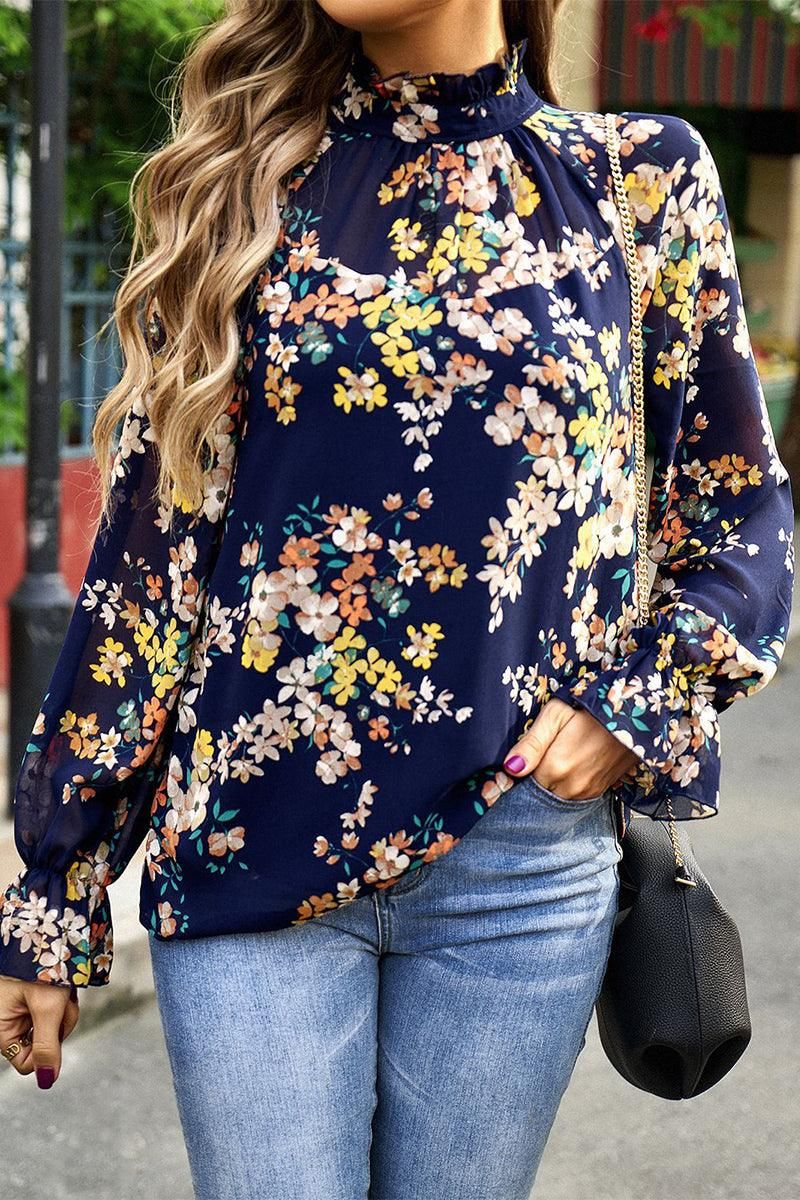 RUFFLED NECK FLORAL LONG SLEEVE TOP - Doublju