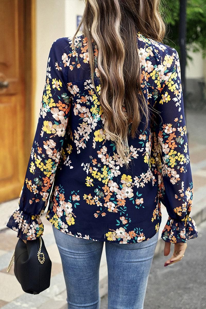 RUFFLED NECK FLORAL LONG SLEEVE TOP - Doublju