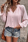 WOMEN BUTTON UP SHIRRED NECK LOOSE FIT BLOUSE - Doublju