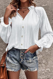 WOMEN BUTTON UP SHIRRED NECK LOOSE FIT BLOUSE - Doublju