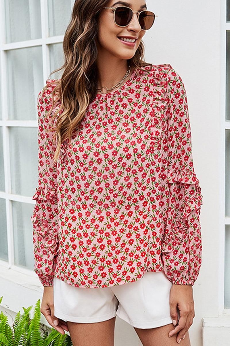 WOMEN RUFFLE SLEEVE CREW NECK FLORAL BLOUSE - Doublju