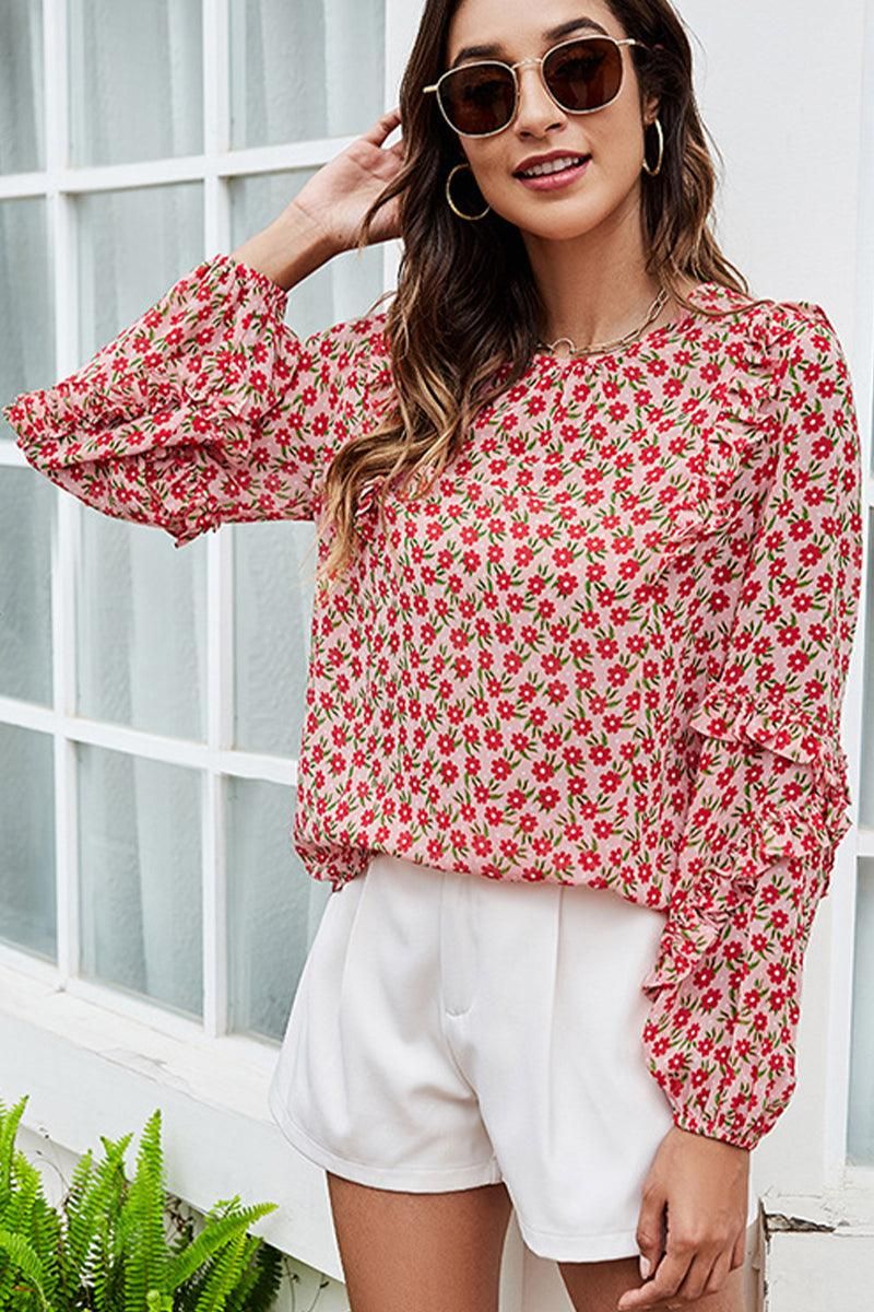 WOMEN RUFFLE SLEEVE CREW NECK FLORAL BLOUSE - Doublju