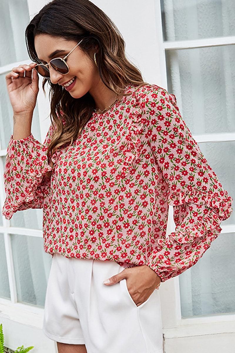 WOMEN RUFFLE SLEEVE CREW NECK FLORAL BLOUSE - Doublju