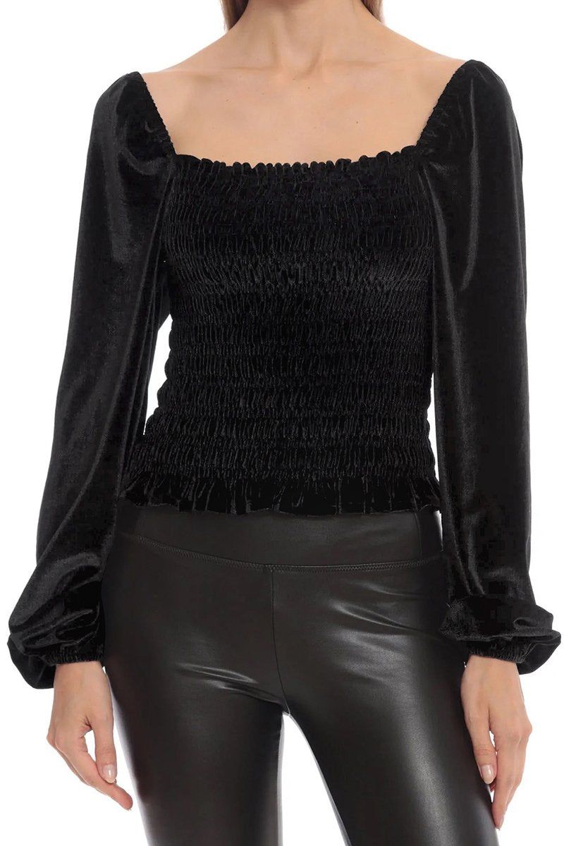 WOMEN DEEP SQUARE NECK PUFF SLEEVE SMOKED BLOUSE