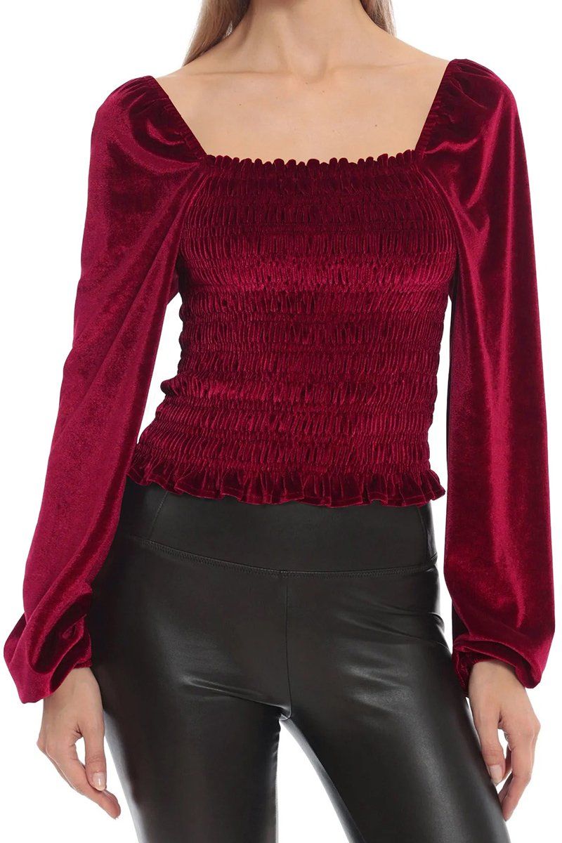 WOMEN DEEP SQUARE NECK PUFF SLEEVE SMOKED BLOUSE