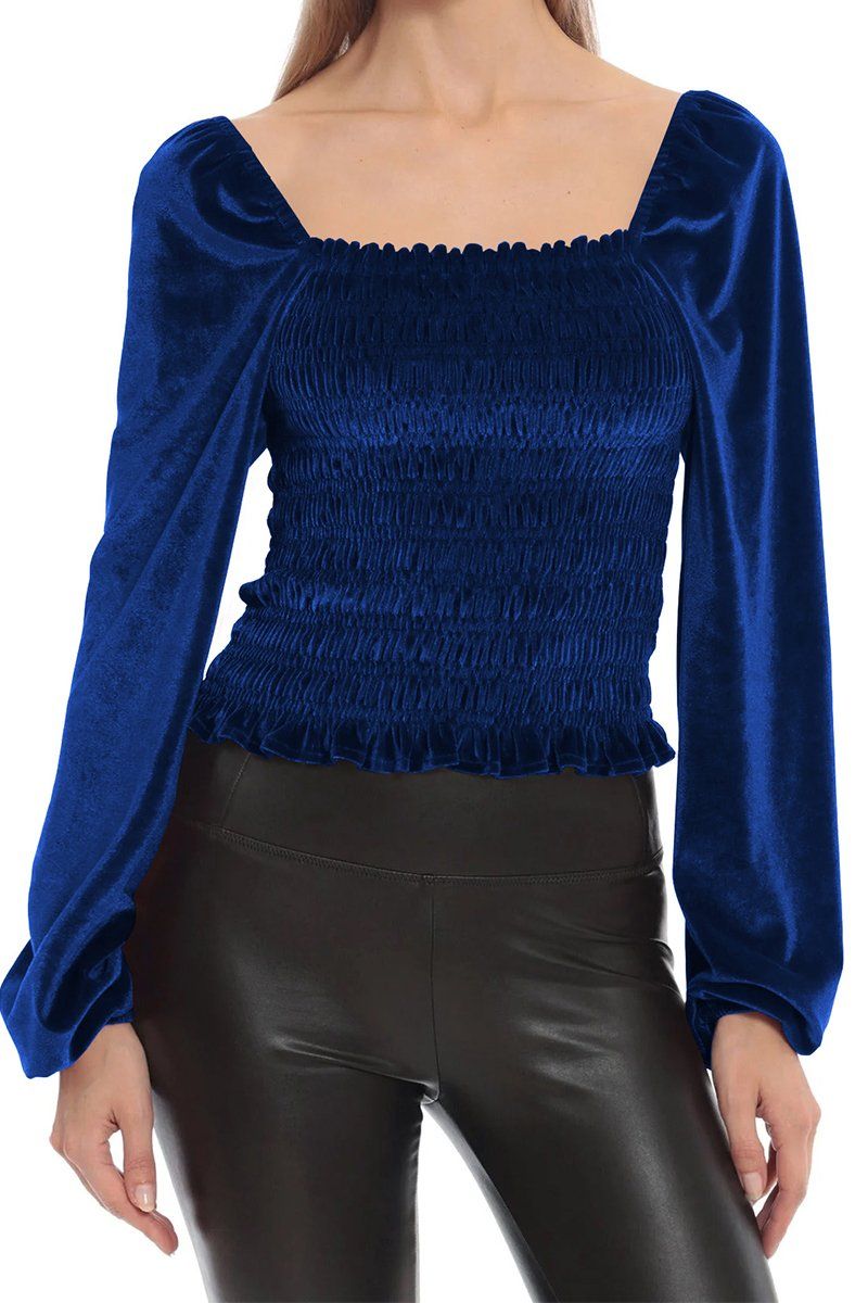 WOMEN DEEP SQUARE NECK PUFF SLEEVE SMOKED BLOUSE
